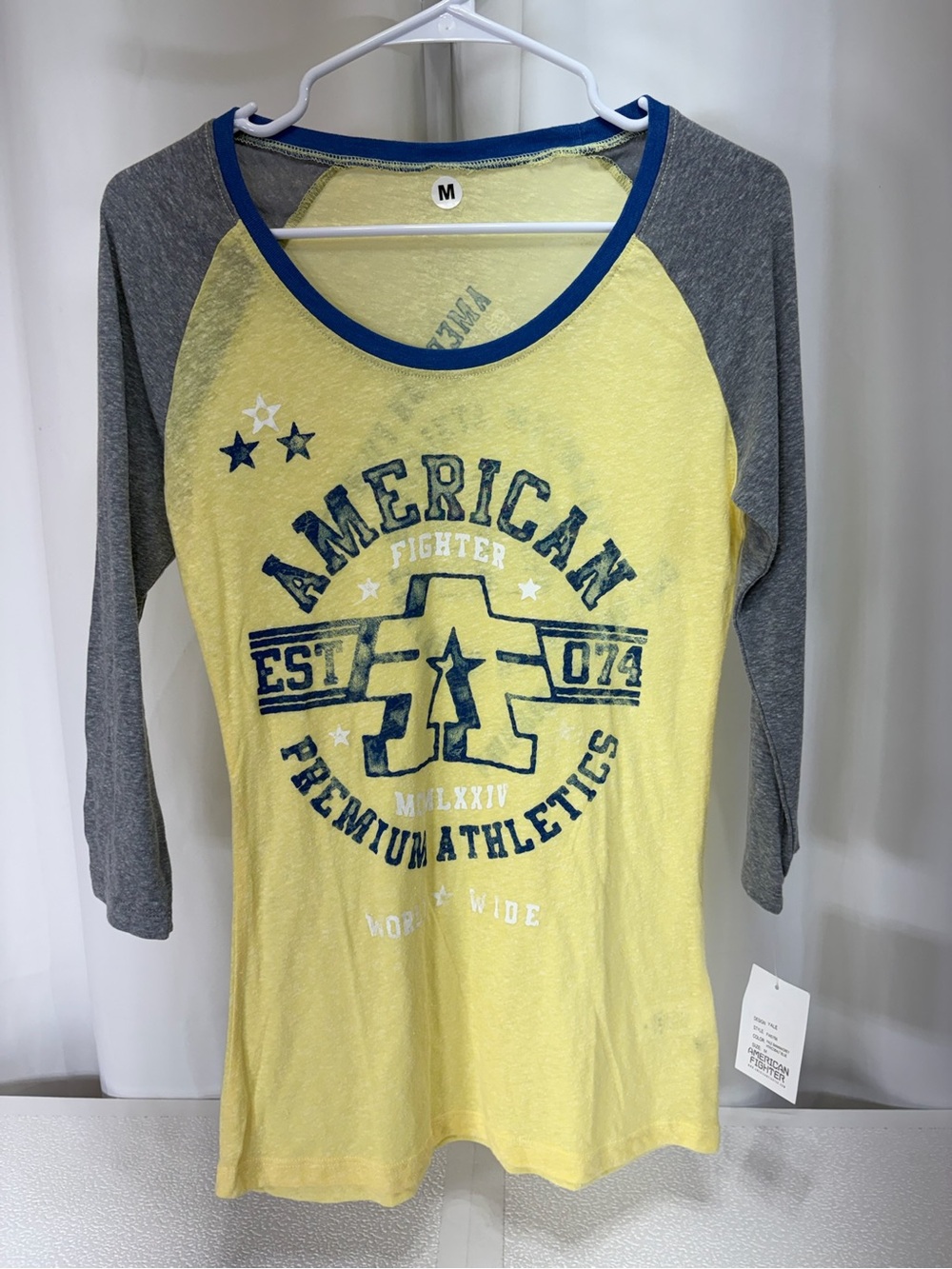 American Fighter Yellow Raglan Tee with Gray Sleeves and Blue Trim 4082